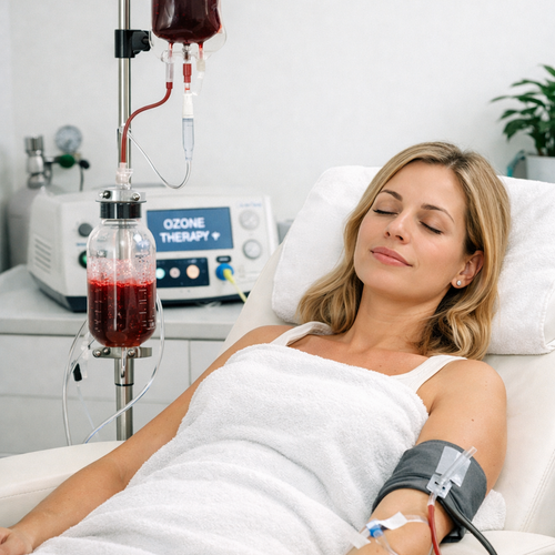 Woman receiving O3UV therapy for immune support in a medical wellness clinic