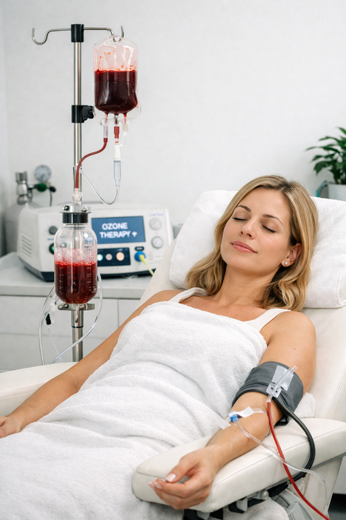 Woman receiving O3UV therapy for immune support in a medical wellness clinic