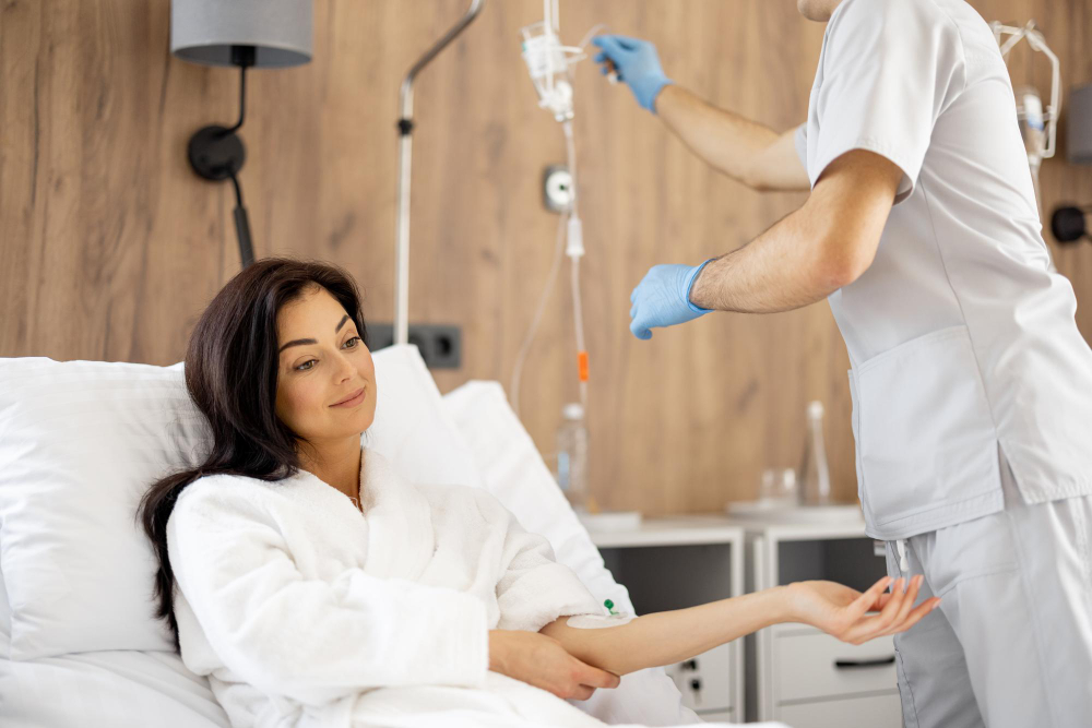 Relaxed patient receiving IV autohemotherapy as part of ozone therapy for inflammation in a wellness clinic room