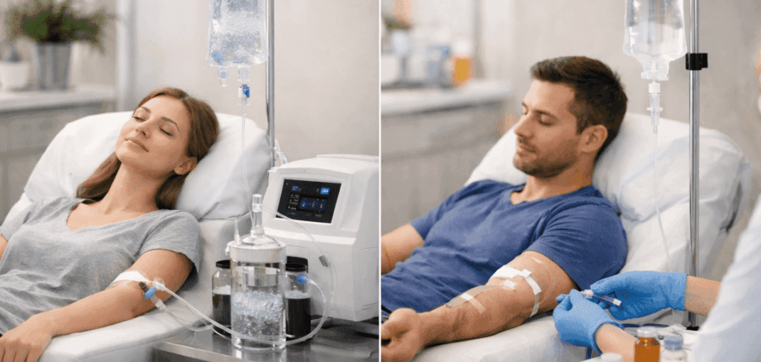 Side-by-side comparison of a patient receiving ozone therapy vs traditional IV therapy