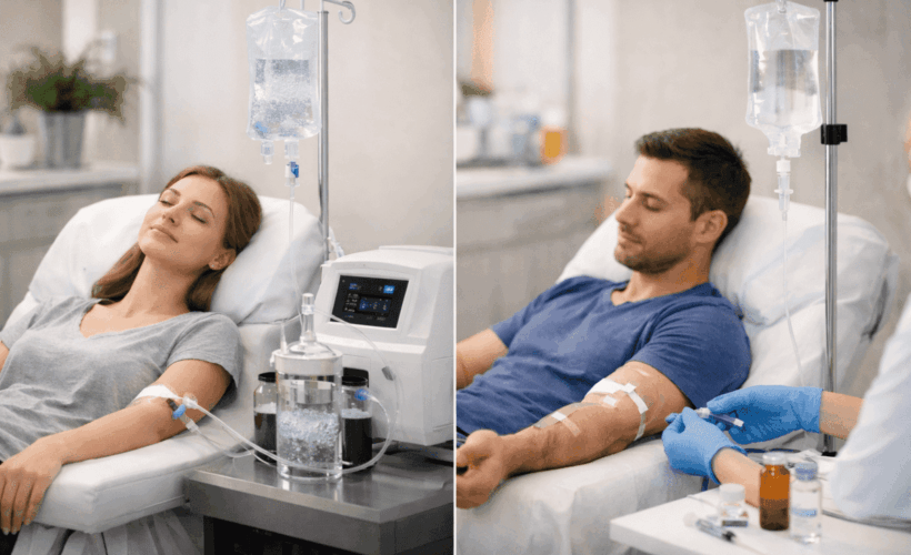 Side-by-side comparison of a patient receiving ozone therapy vs traditional IV therapy