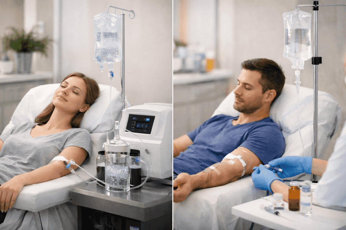Side-by-side comparison of a patient receiving ozone therapy vs traditional IV therapy