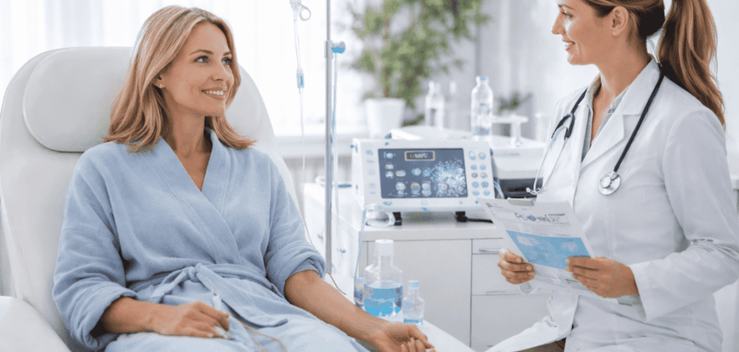 Smiling patient receiving IV therapy while consulting with a practitioner about ozone therapy safety