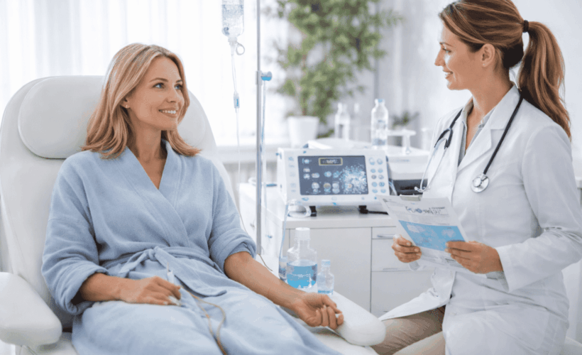Smiling patient receiving IV therapy while consulting with a practitioner about ozone therapy safety