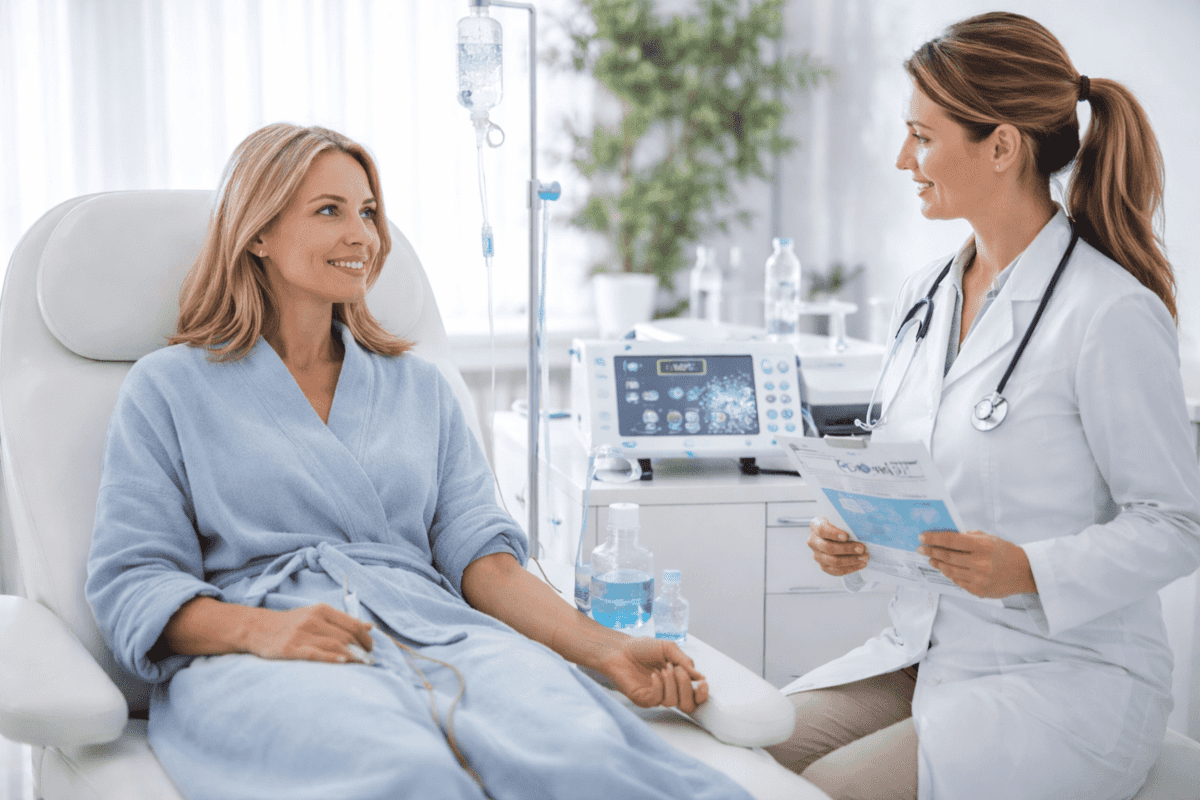 Smiling patient receiving IV therapy while consulting with a practitioner about ozone therapy safety