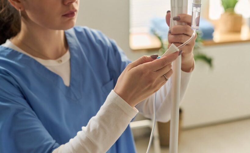 Female practitioner in blue scrubs carefully preparing an IV drip line for a Myers cocktail IV session in a wellness clinic