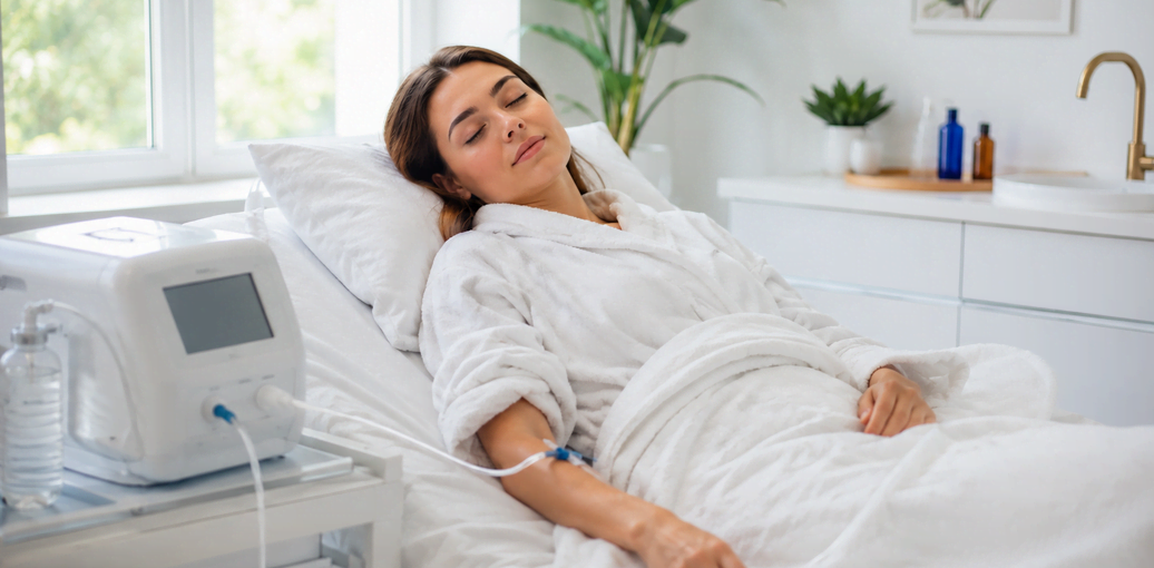 Woman in white robe resting peacefully with eyes closed during an IV session representing the relaxing effects of ozone therapy and sleep improvement