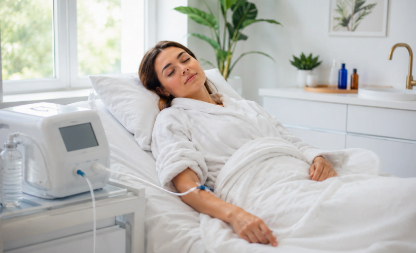 Woman in white robe resting peacefully with eyes closed during an IV session representing the relaxing effects of ozone therapy and sleep improvement