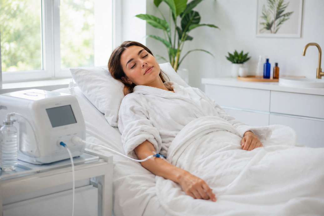 Woman in white robe resting peacefully with eyes closed during an IV session representing the relaxing effects of ozone therapy and sleep improvement